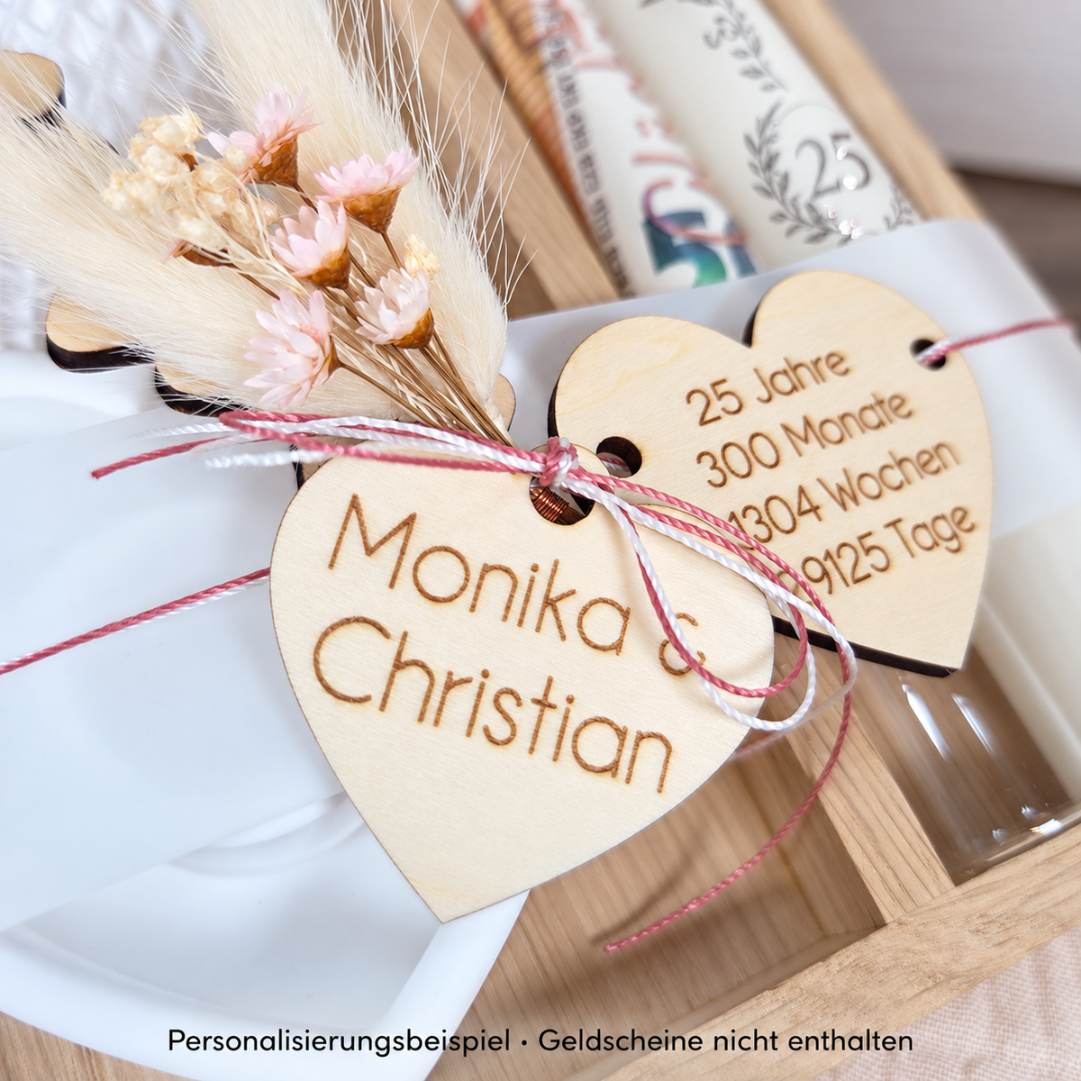 Kerzenset zur Silberhochzeit – optional mit personalisiertem Holzherz