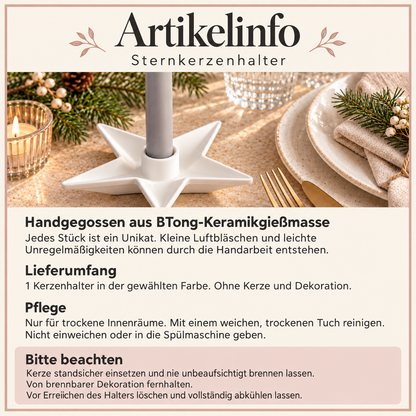 Artikelinfo zum Sternkerzenhalter aus BTong: Lieferumfang, Pflege und Hinweise zur sicheren Kerzennutzung.