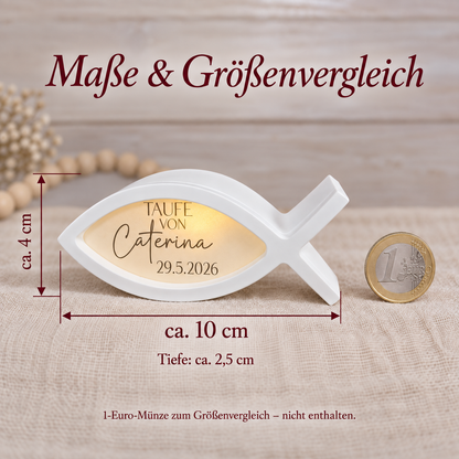 Personalisierter Fisch aus Gießkeramik mit Ballonlicht – Kommunion, Konfirmation & Taufe