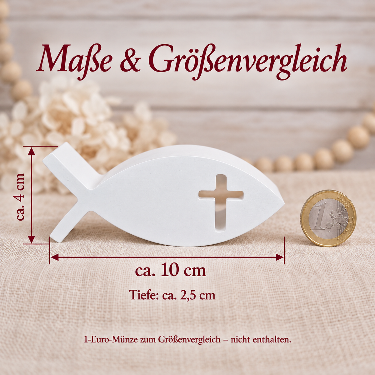 Gießkeramik-Fisch mit Maßlinien: ca. 10 cm lang, 4 cm hoch und 2,5 cm tief, mit 1-Euro-Münze zum Vergleich