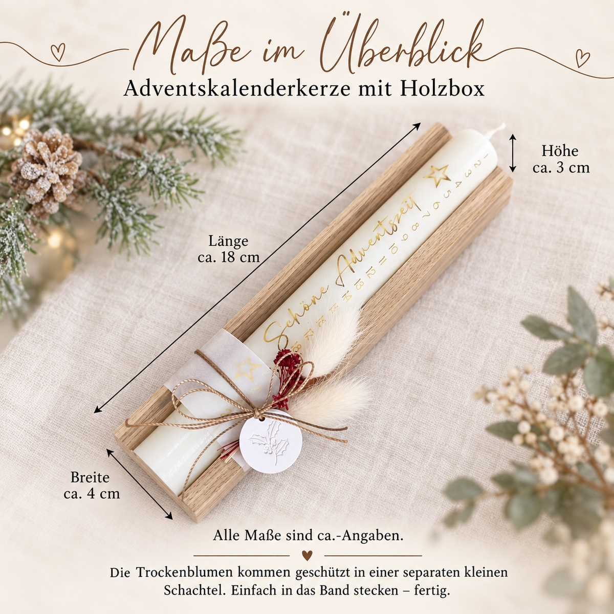 Adventskalenderkerze in Gold und Elfenbein – mit Holzbox oder Sternkerzenhalter