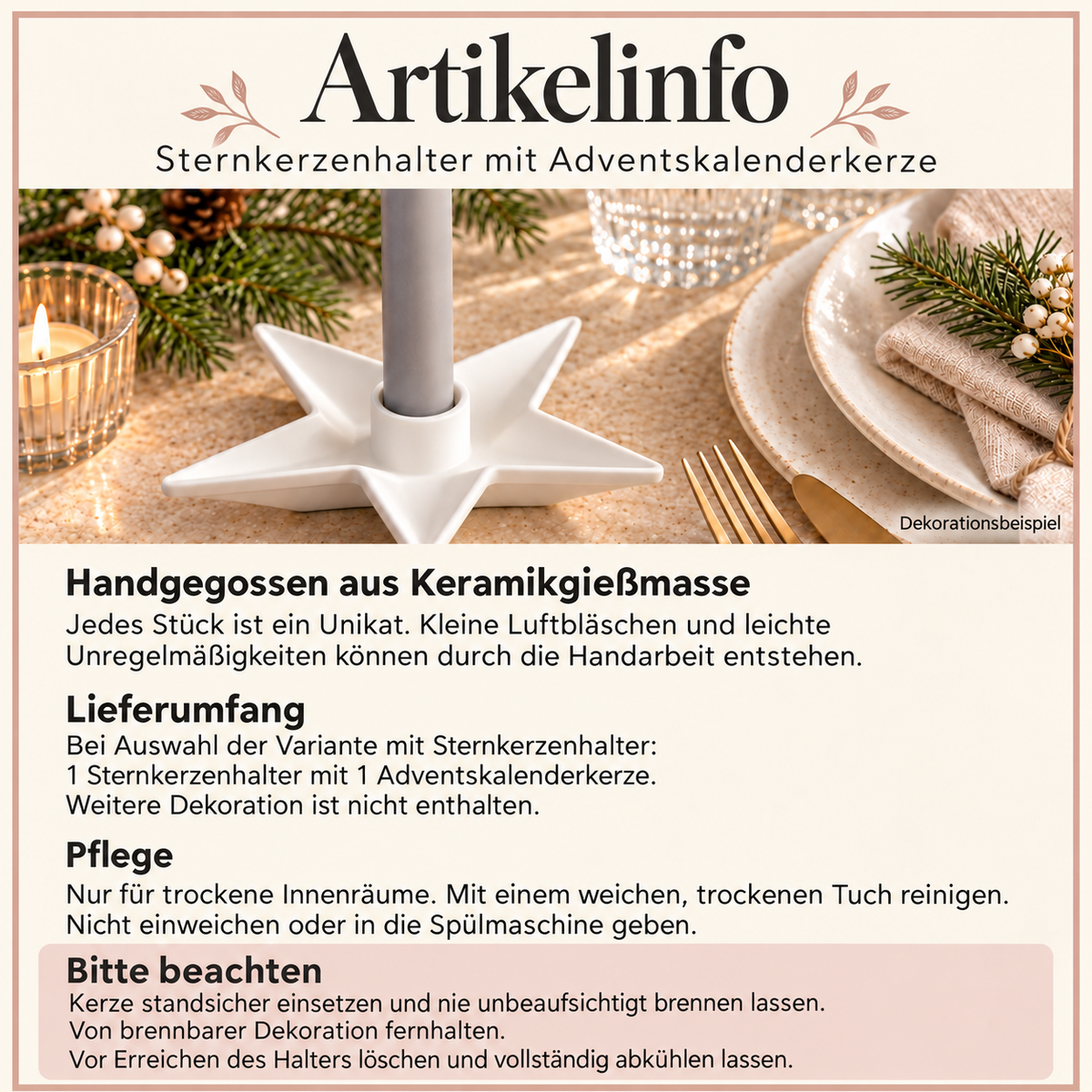 Adventskalenderkerze in Gold und Elfenbein – mit Holzbox oder Sternkerzenhalter