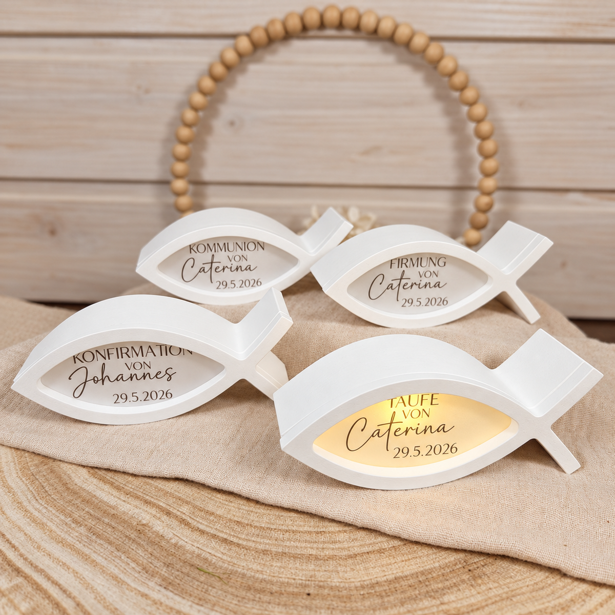 Personalisierter Fisch aus Gießkeramik mit Ballonlicht – Kommunion, Konfirmation & Taufe
