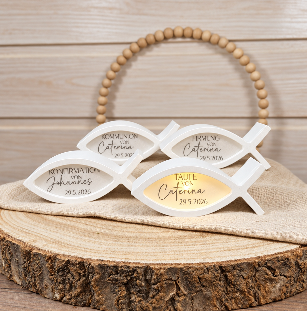 Personalisierter Fisch aus Gießkeramik mit Ballonlicht – Kommunion, Konfirmation & Taufe