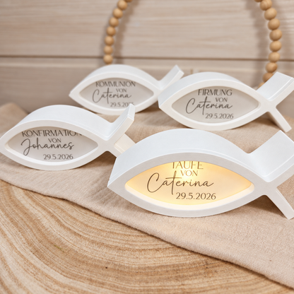Personalisierter Fisch aus Gießkeramik mit Ballonlicht – Kommunion, Konfirmation & Taufe