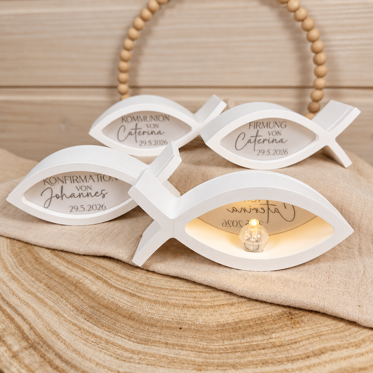 Personalisierter Fisch aus Gießkeramik mit Ballonlicht – Kommunion, Konfirmation & Taufe