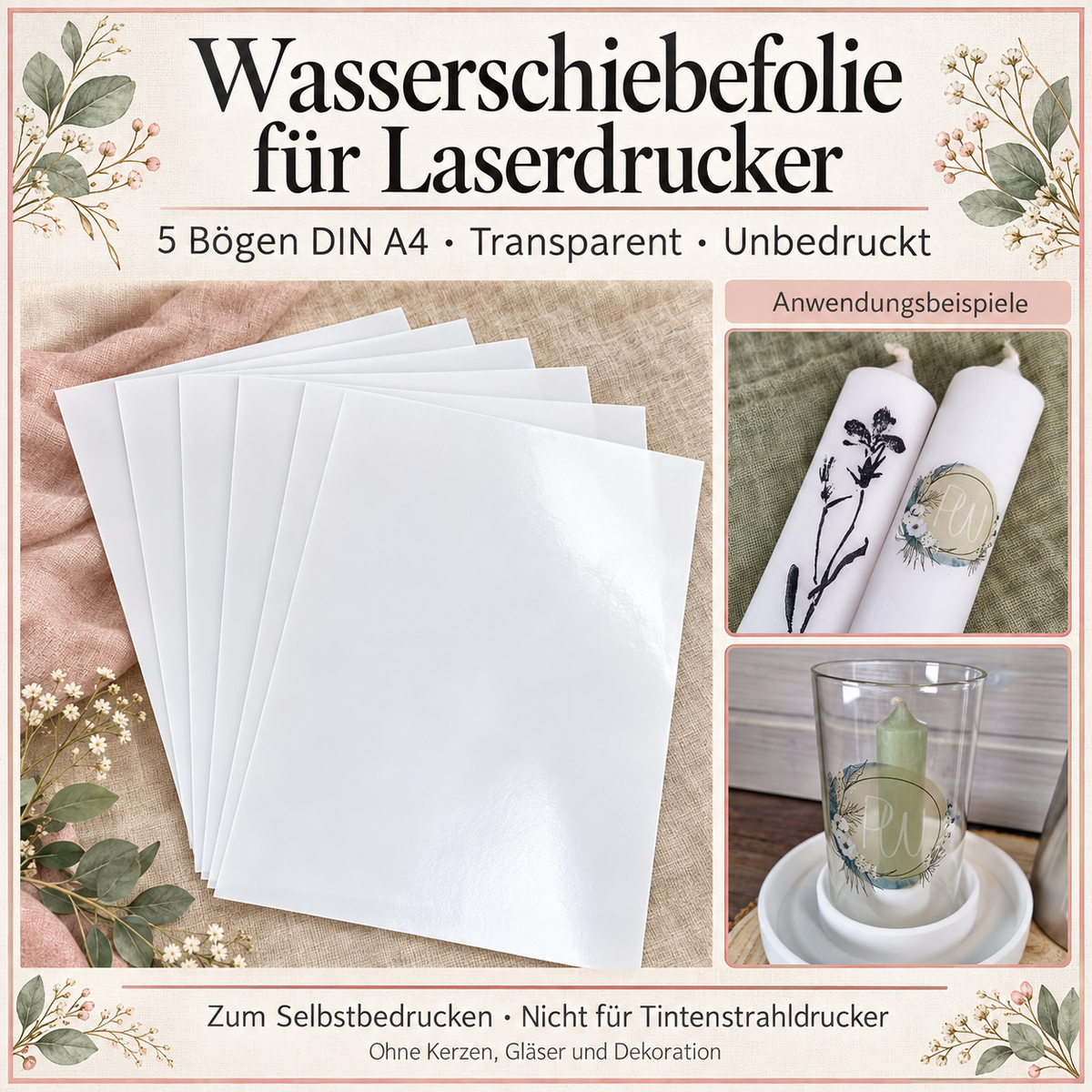Wasserschiebefolie für Laserdrucker – 5 Bögen A4, transparent & unbedruckt