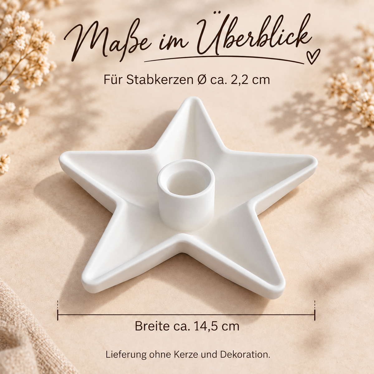 Sternkerzenhalter mit ca. 14,5 cm Breite, passend für Stabkerzen mit ca. 2,2 cm Durchmesser.