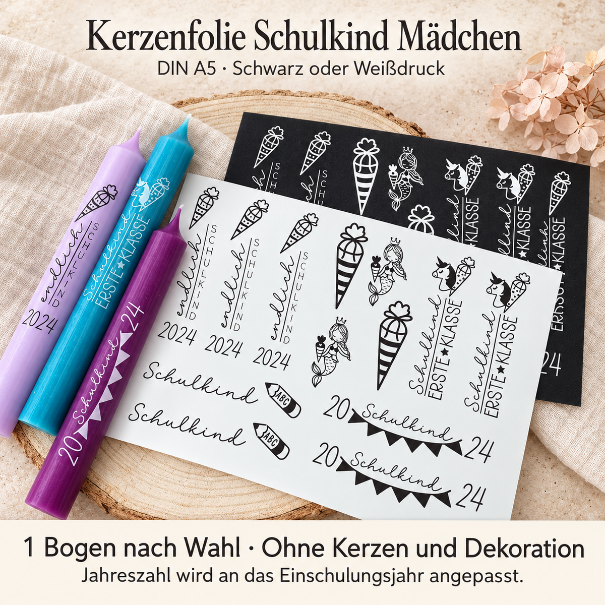 Kerzenfolie Schulkind Mädchen in Schwarz- und Weißdruck mit Beispielkerzen zur Einschulung. Die Jahreszahl wird an das Einschulungsjahr angepasst.