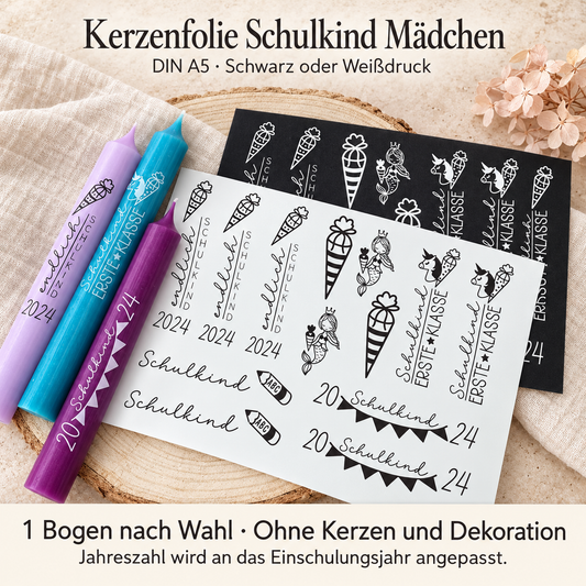 Kerzenfolie Schulkind Mädchen in Schwarz- und Weißdruck mit Beispielkerzen zur Einschulung. Die Jahreszahl wird an das Einschulungsjahr angepasst.