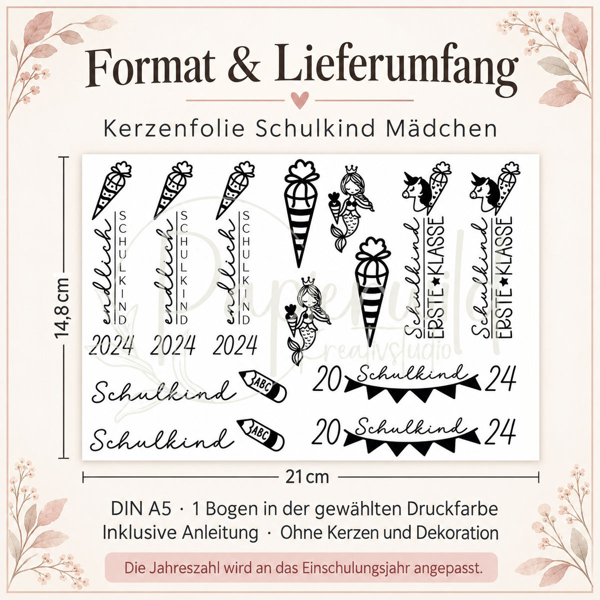 Motivbogen Kerzenfolie Schulkind Mädchen im Format DIN A5 mit Maßangaben 21 × 14,8 cm. Lieferung eines Bogens in der gewählten Druckfarbe inklusive Anleitung.
