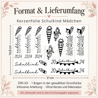 Motivbogen Kerzenfolie Schulkind Mädchen im Format DIN A5 mit Maßangaben 21 × 14,8 cm. Lieferung eines Bogens in der gewählten Druckfarbe inklusive Anleitung.