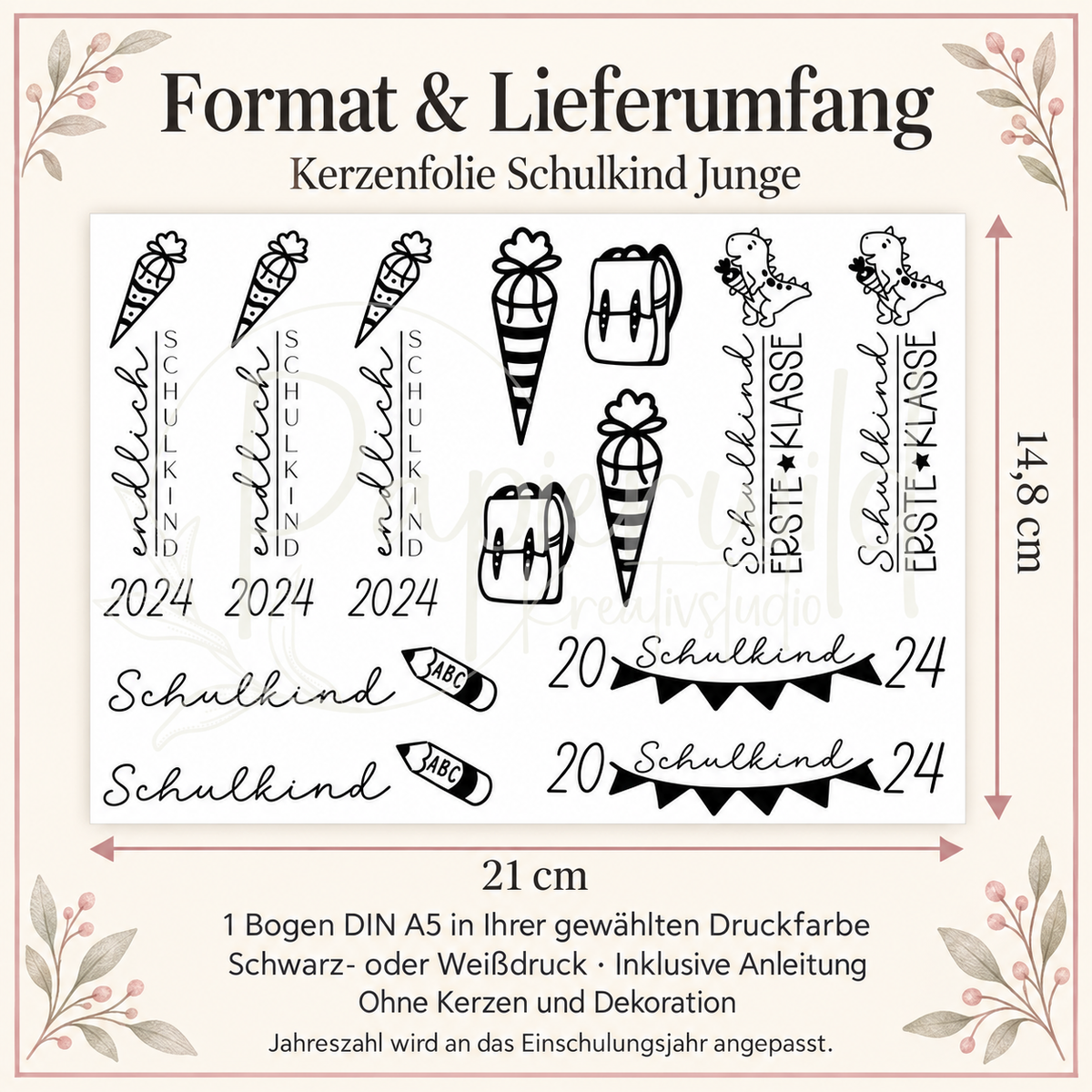 Kerzenfolie Schulkind Junge im Format DIN A5 mit Maßangaben 21 × 14,8 cm. Ein Bogen in der gewählten Druckfarbe inklusive Anleitung.
