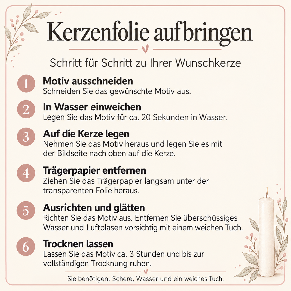 Anleitung zum Aufbringen von Kerzenfolie: Motiv ausschneiden, einweichen, auflegen, Trägerpapier entfernen, glätten und vollständig trocknen lassen.