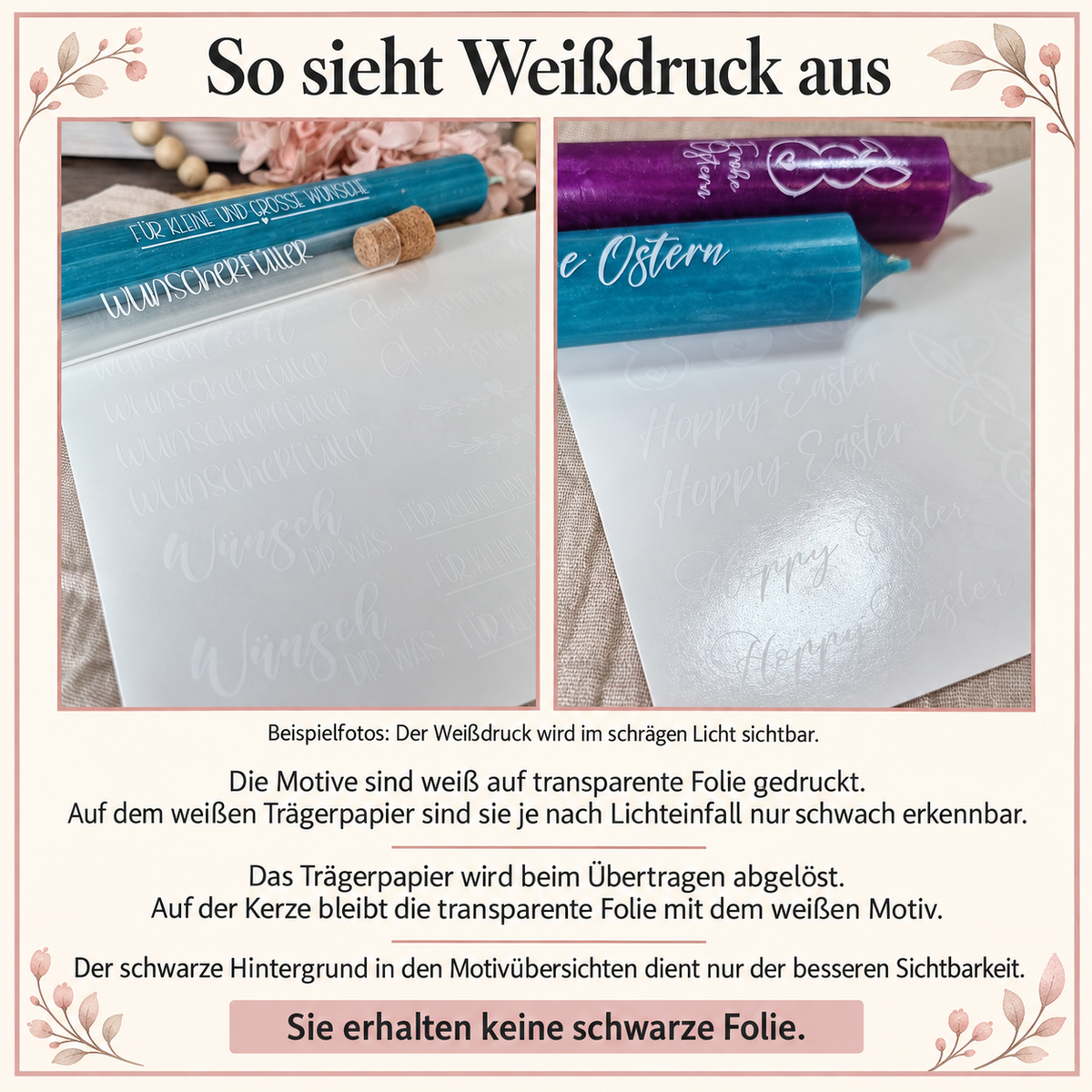 Weißdruck auf transparenter Folie mit weißem Trägerpapier, durch Lichtreflexion sichtbar. Schwarze Hintergründe in Motivübersichten dienen nur der Darstellung.