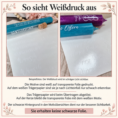 Weißdruck auf transparenter Folie mit weißem Trägerpapier, durch Lichtreflexion sichtbar. Schwarze Hintergründe in Motivübersichten dienen nur der Darstellung.