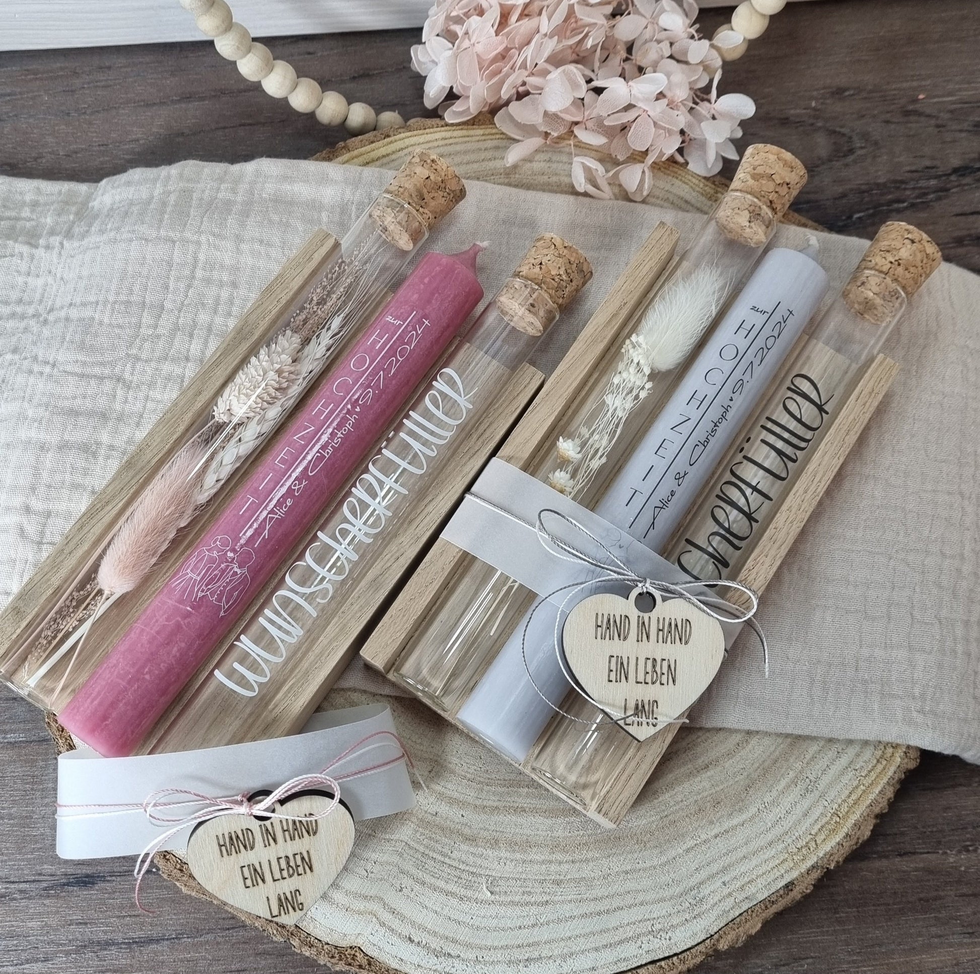 Kerzenset Geschenk zur Hochzeit | Hochzeitsgeschenk personalisiert mit Trockenblumen | Kerzenbox | Geldgeschenk | eigene Kerzenauswahl