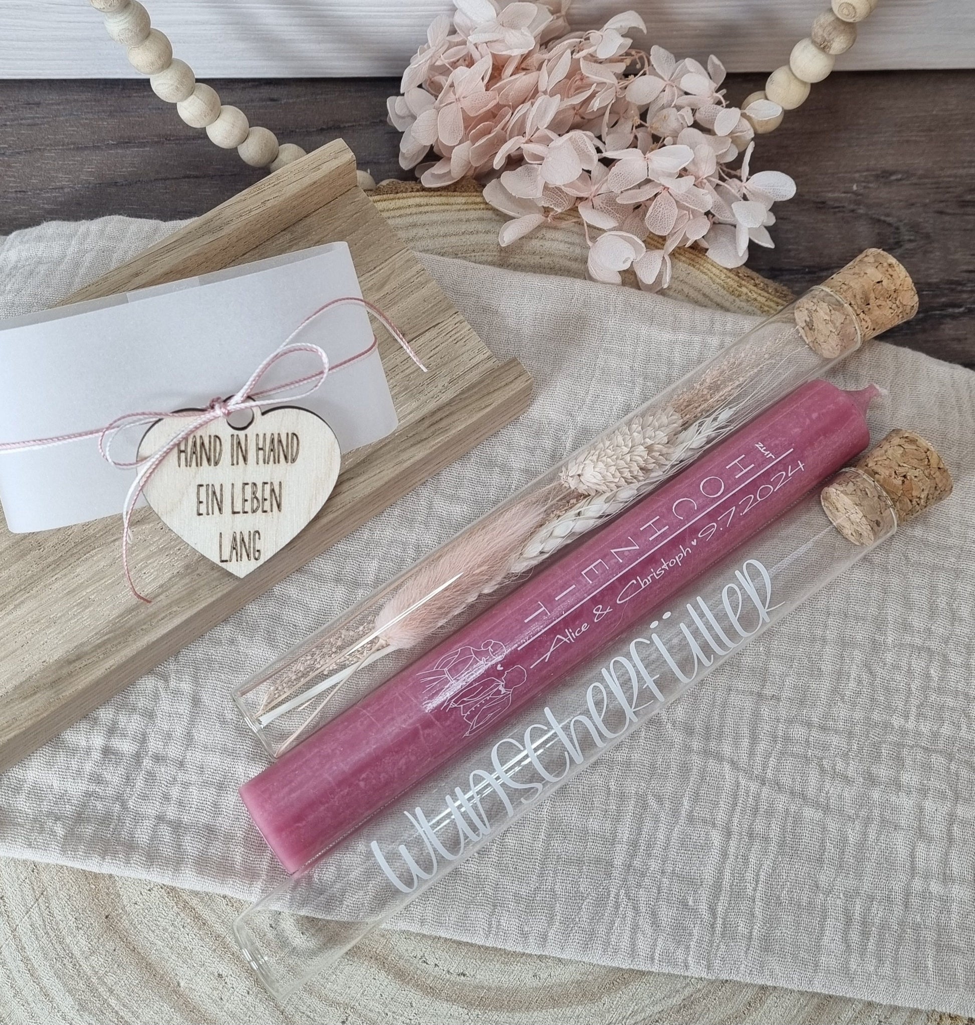 Kerzenset Geschenk zur Hochzeit | Hochzeitsgeschenk personalisiert mit Trockenblumen | Kerzenbox | Geldgeschenk | eigene Kerzenauswahl