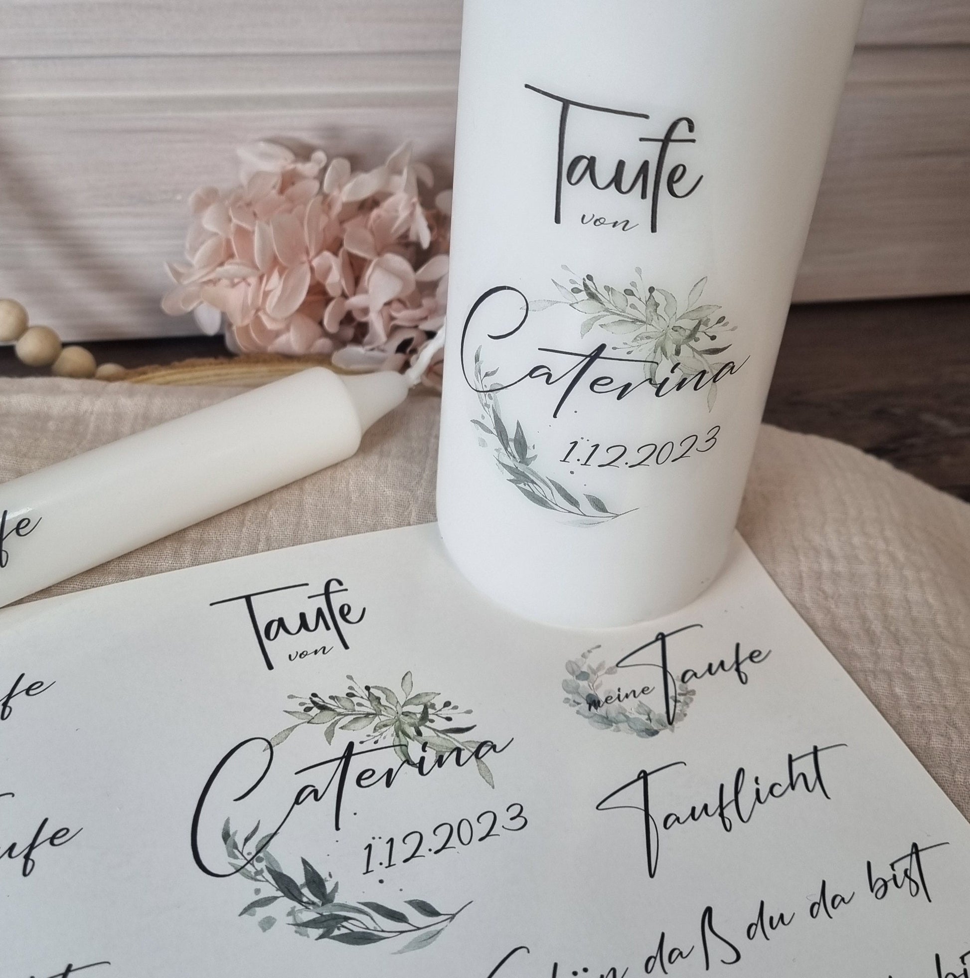 Kerzenfolie Taufe 1 personalisiert | Taufkerze Tischdekoration Gastgeschenk Bombonniere | Wasserschiebefolie | Din A5 | Kerzensticker