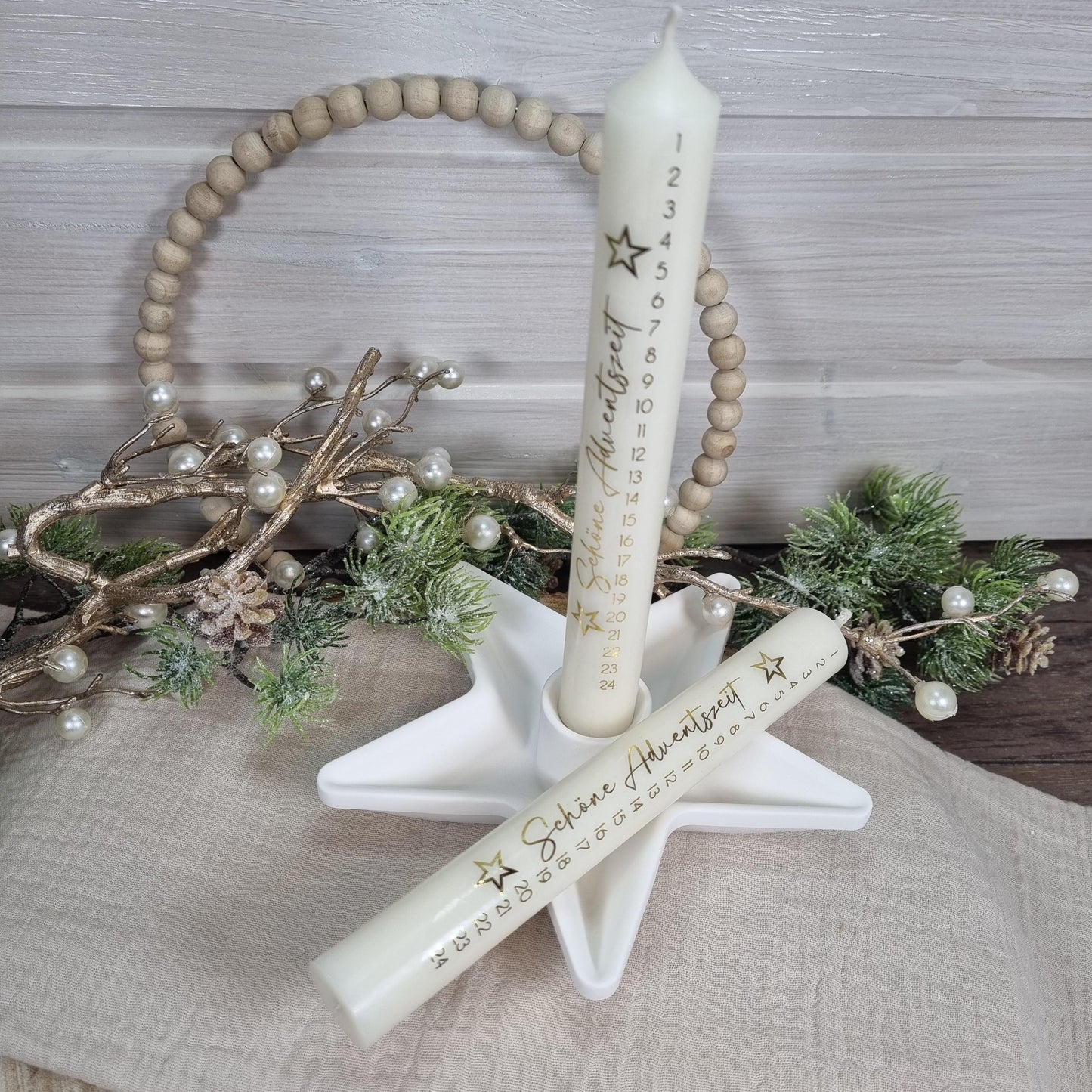 Adventskalenderkerze gold-elfenbein lang 25cm | Adventskerze goldene Schrift | Geschenk Advent