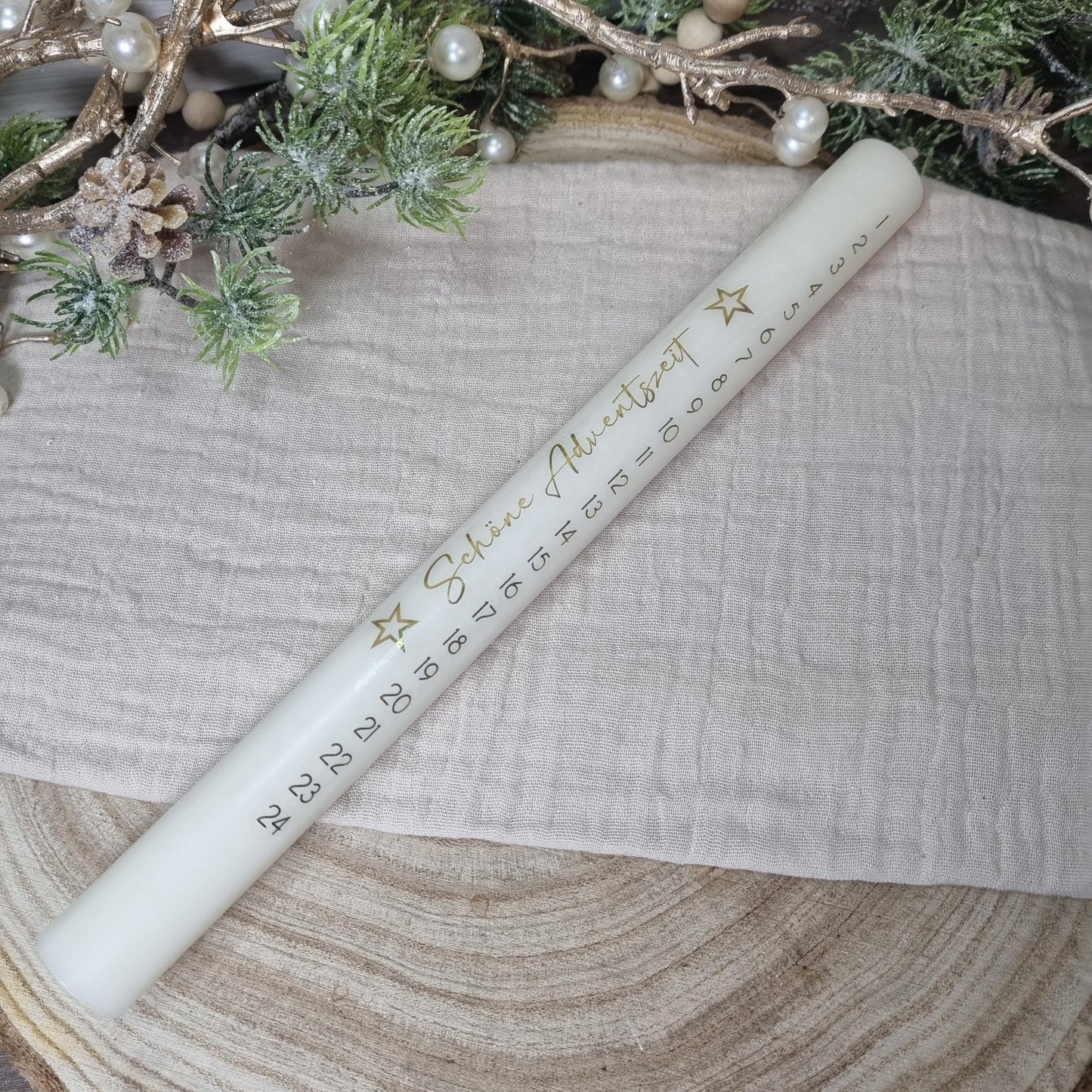 Adventskalenderkerze gold-elfenbein lang 25cm | Adventskerze goldene Schrift | Geschenk Advent