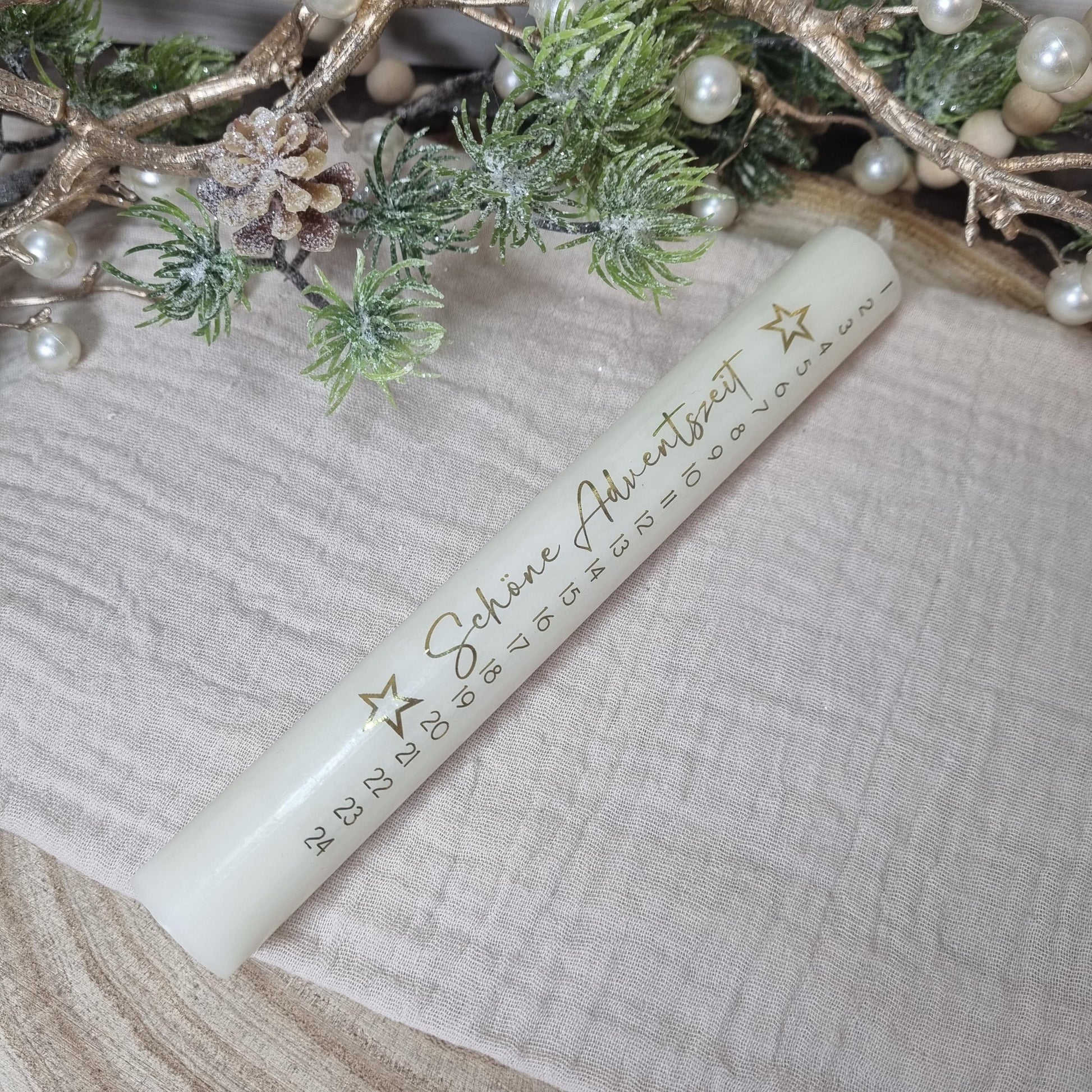 Adventskalenderkerze gold-elfenbein lang 25cm | Adventskerze goldene Schrift | Geschenk Advent