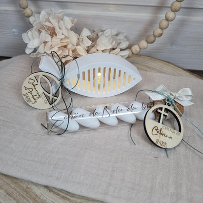 Holz-Anhänger zu Kommunion Konfirmation Taufe Firmung 2 Größen | Gastgeschenk | Lasercut | Personalisierbar | Fisch Kreuz