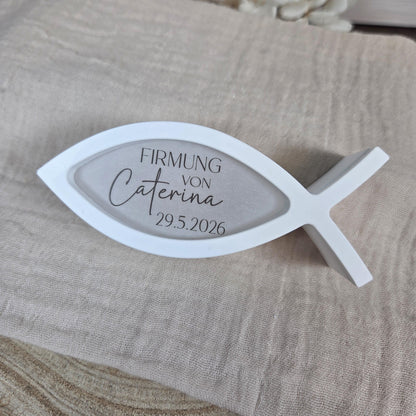 Tischdekoration Gastgeschenk Fisch 2 zu Kommunion Konfirmation Taufe Firmung | Ballonlicht | personalisierbar mit Name und Datum