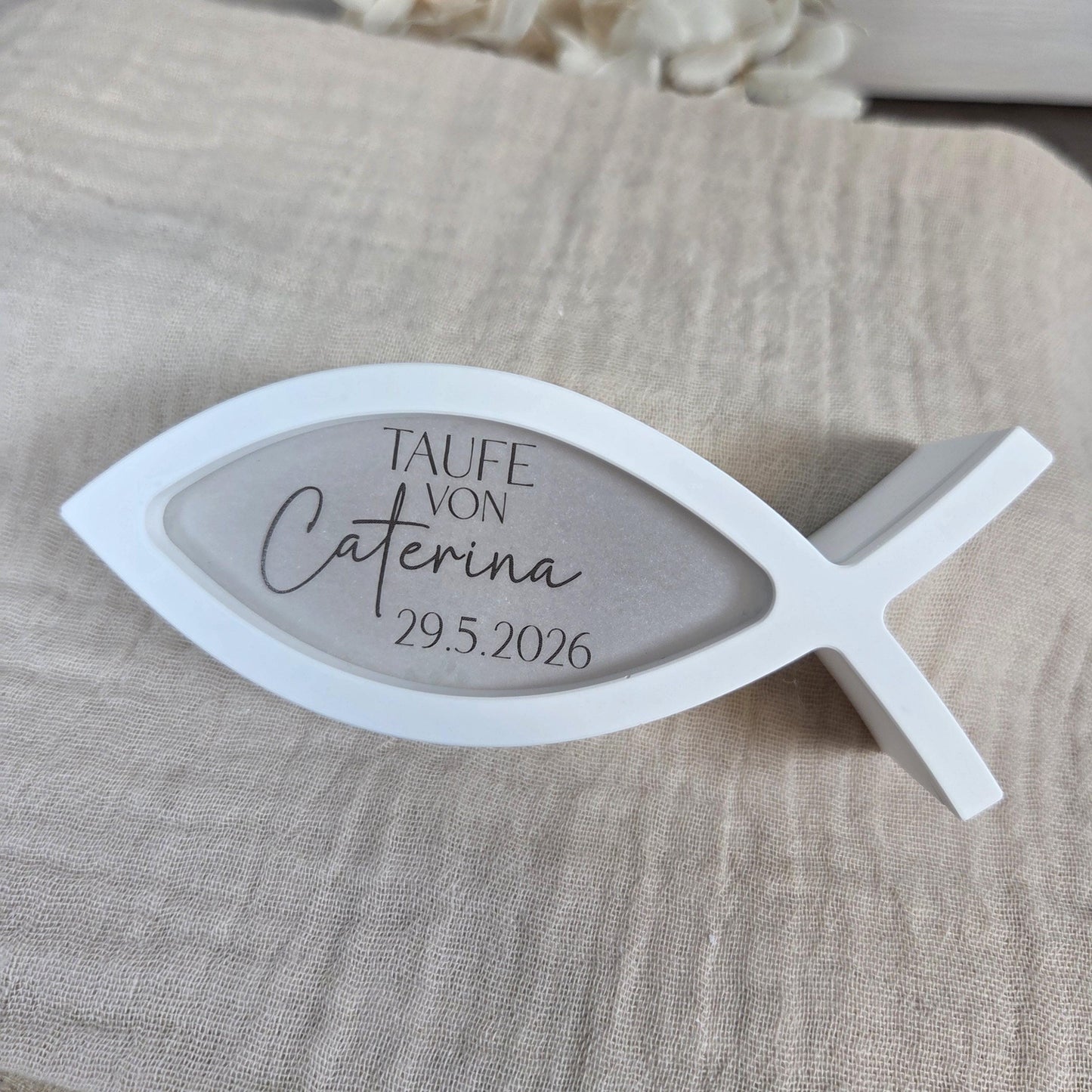 Tischdekoration Gastgeschenk Fisch 2 zu Kommunion Konfirmation Taufe Firmung | Ballonlicht | personalisierbar mit Name und Datum