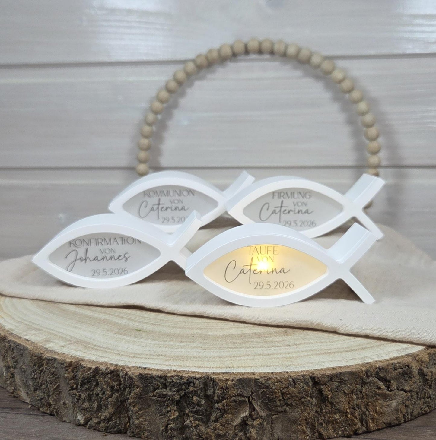 Tischdekoration Gastgeschenk Fisch 2 zu Kommunion Konfirmation Taufe Firmung | Ballonlicht | personalisierbar mit Name und Datum
