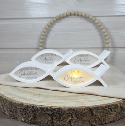 Tischdekoration Gastgeschenk Fisch 2 zu Kommunion Konfirmation Taufe Firmung | Ballonlicht | personalisierbar mit Name und Datum