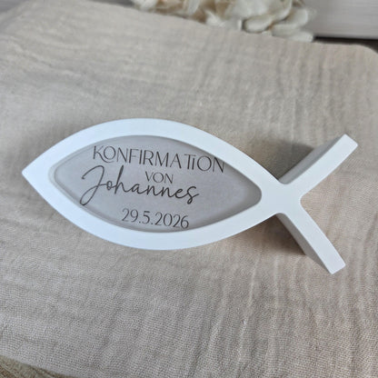 Tischdekoration Gastgeschenk Fisch 2 zu Kommunion Konfirmation Taufe Firmung | Ballonlicht | personalisierbar mit Name und Datum