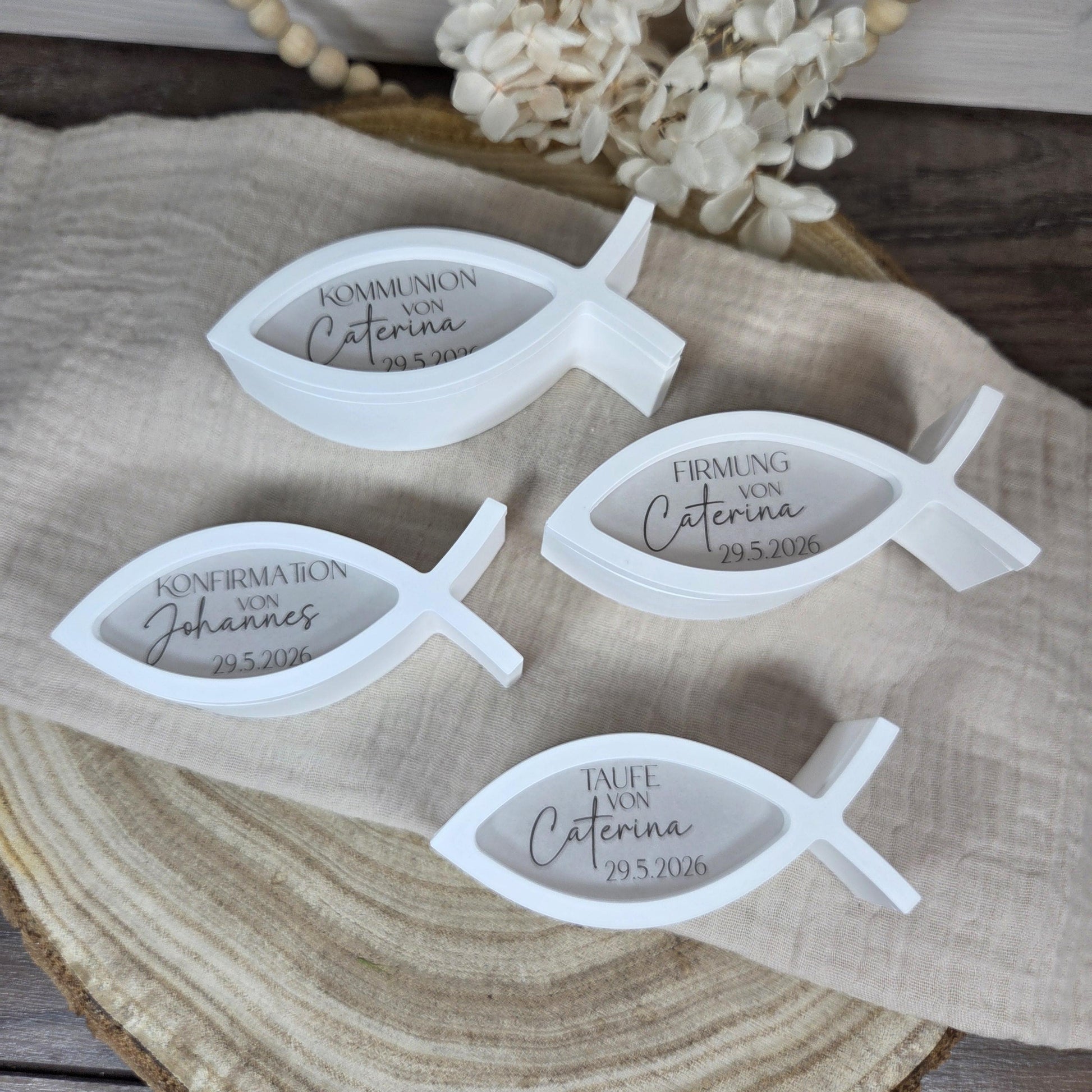 Tischdekoration Gastgeschenk Fisch 2 zu Kommunion Konfirmation Taufe Firmung | Ballonlicht | personalisierbar mit Name und Datum