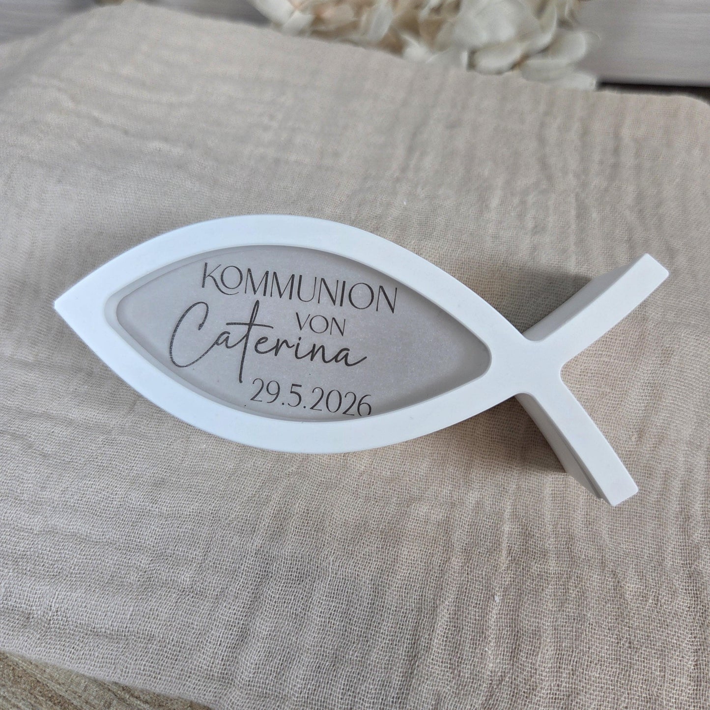 Tischdekoration Gastgeschenk Fisch 2 zu Kommunion Konfirmation Taufe Firmung | Ballonlicht | personalisierbar mit Name und Datum