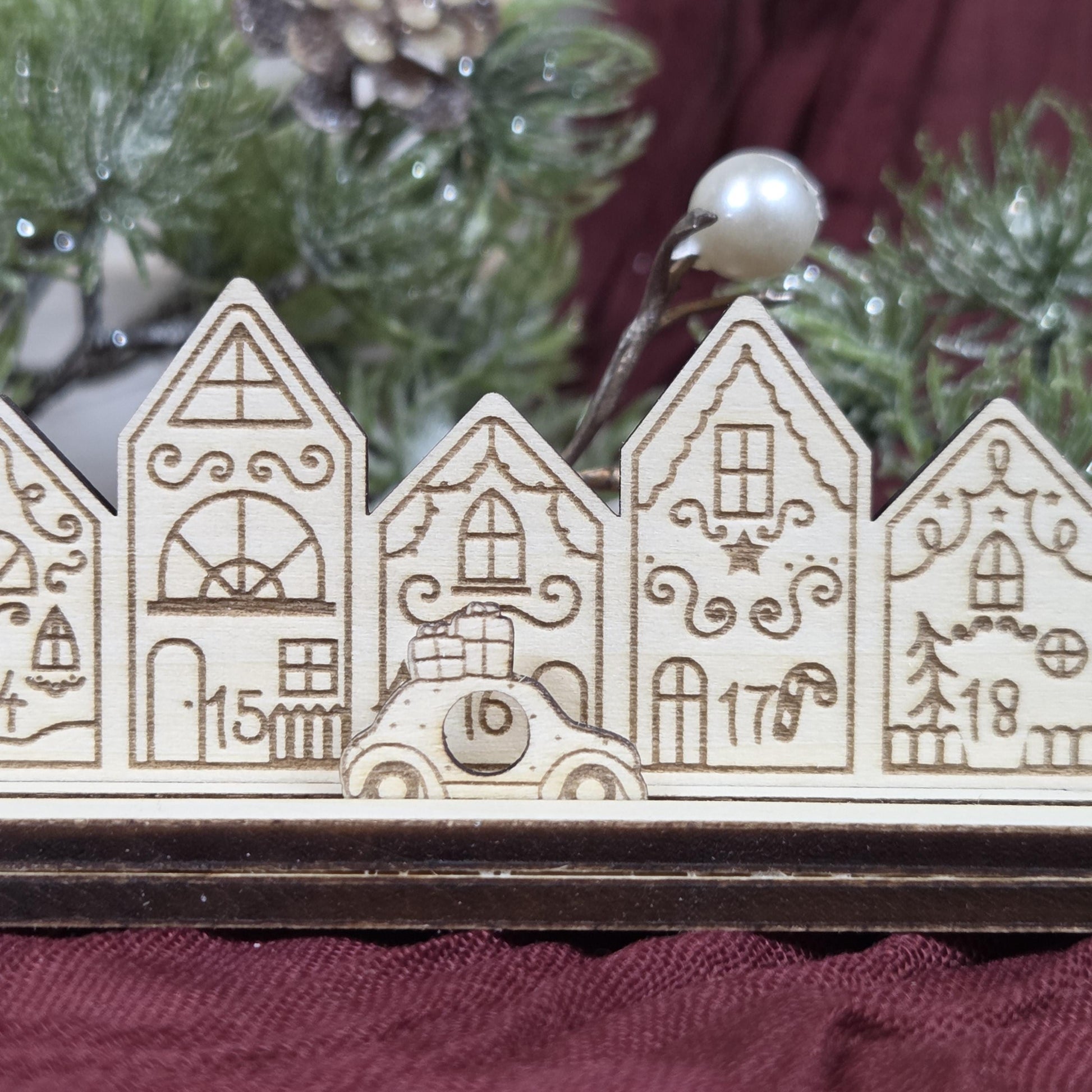 Ewiger Adventskalender aus Holz | Weihnachtscountdown | gravierte Adventskalenderleiste | Countdown Weihnachten 1-24 | Bilderleiste Advent