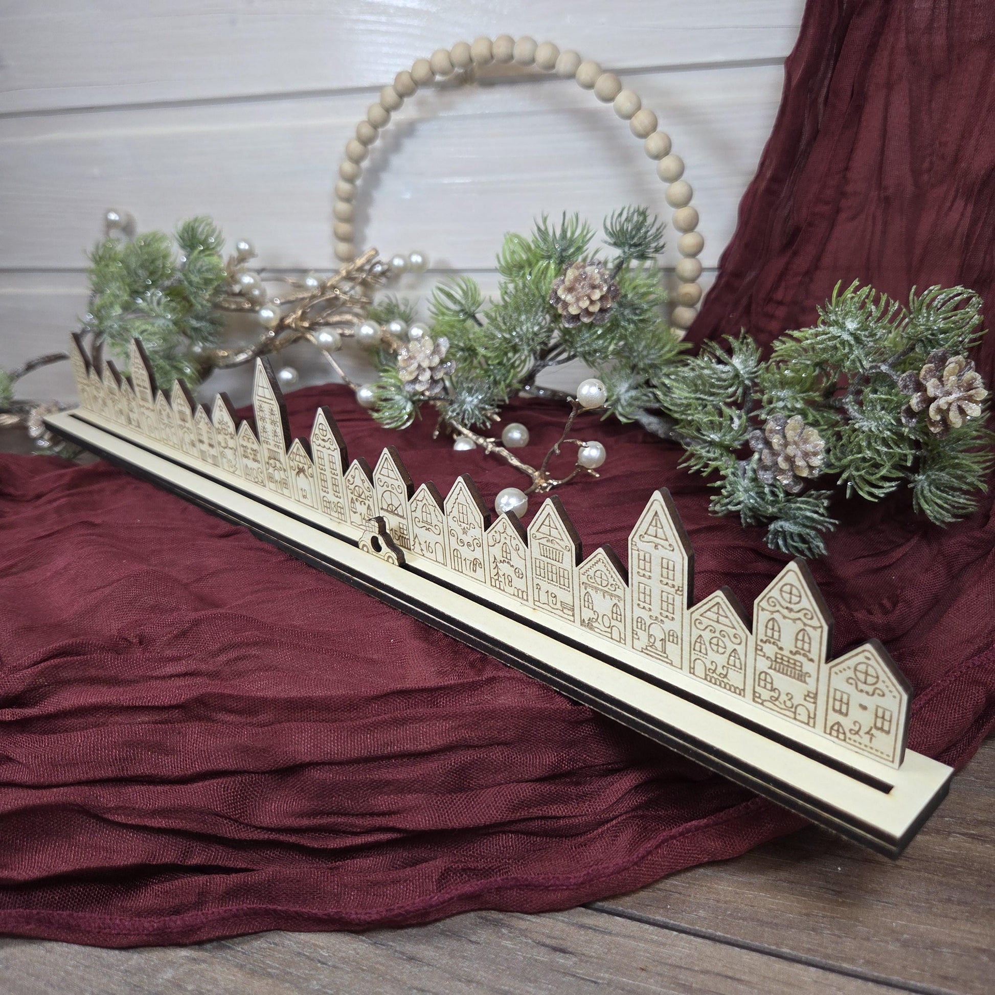 Ewiger Adventskalender aus Holz | Weihnachtscountdown | gravierte Adventskalenderleiste | Countdown Weihnachten 1-24 | Bilderleiste Advent