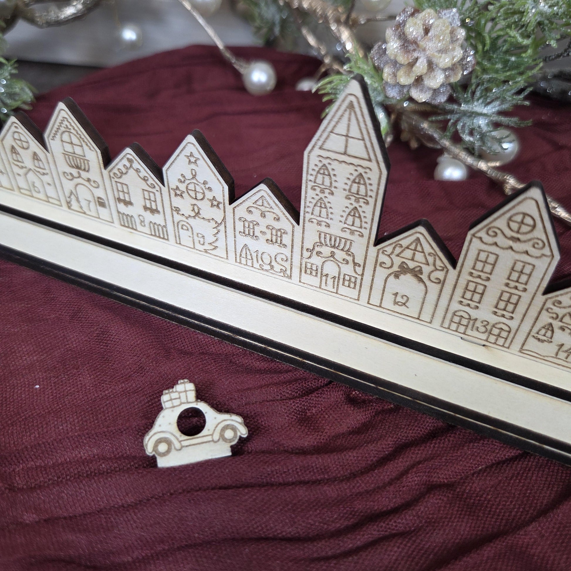 Ewiger Adventskalender aus Holz | Weihnachtscountdown | gravierte Adventskalenderleiste | Countdown Weihnachten 1-24 | Bilderleiste Advent