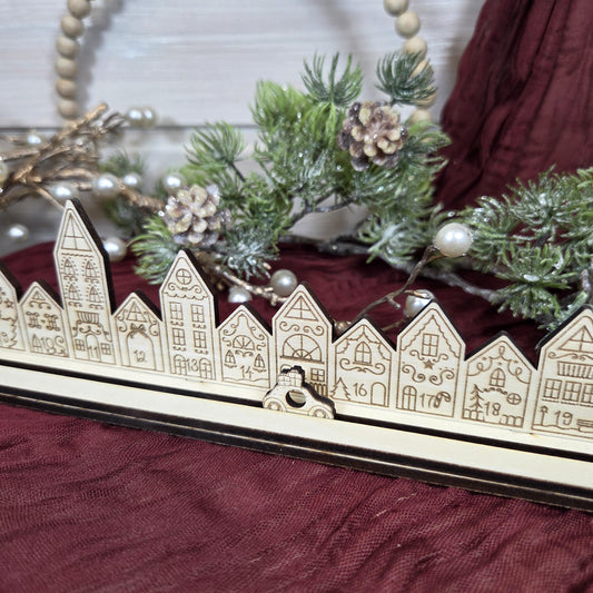 Ewiger Adventskalender aus Holz | Weihnachtscountdown | gravierte Adventskalenderleiste | Countdown Weihnachten 1-24 | Bilderleiste Advent