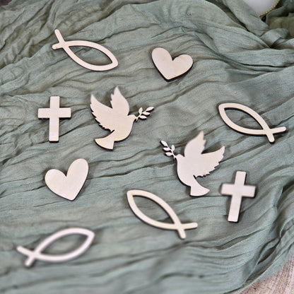 Streudeko Tischdeko zu Kommunion Konfirmation Taufe Firmung aus Holz 10 Stk | Lasercut Tischdekoration | Fisch Kreuz Taube Herz