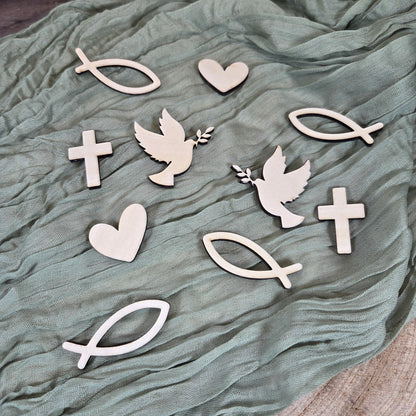 Streudeko Tischdeko zu Kommunion Konfirmation Taufe Firmung aus Holz 10 Stk | Lasercut Tischdekoration | Fisch Kreuz Taube Herz