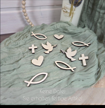 Streudeko Tischdeko zu Kommunion Konfirmation Taufe Firmung aus Holz 10 Stk | Lasercut Tischdekoration | Fisch Kreuz Taube Herz