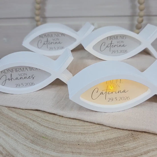 Tischdekoration Gastgeschenk Fisch 2 zu Kommunion Konfirmation Taufe Firmung | Ballonlicht | personalisierbar mit Name und Datum