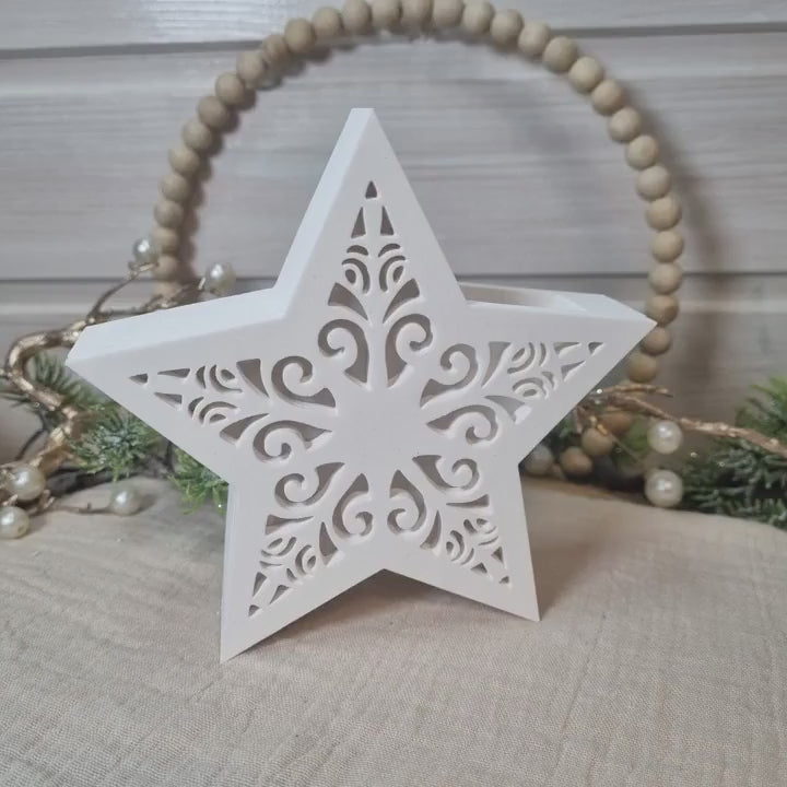Dekostern aus Gießkeramik, weiß, 13 cm – optional mit Trockenblumen und Glöckchen, Weihnachtsdeko für LED-Lichterkette
