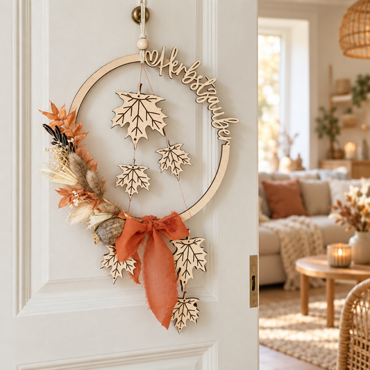 Holzloop Herbstzauber mit Ahornblättern, Trockenblumen und terracottafarbener Schleife an einer leicht geöffneten Tür zu einem Boho-Wohnzimmer.