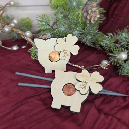 Glücksschwein aus Holz natur – mit Glückscent und Kleeblatt